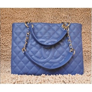 Chanel A20995 Gst Shopping Tote In Pelle Pieno Fiore Blu Con Ghw