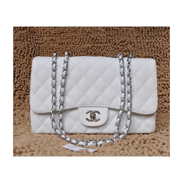 Chanel A28600 White Caviar Leather Borse Jumbo Flap Con Silver H