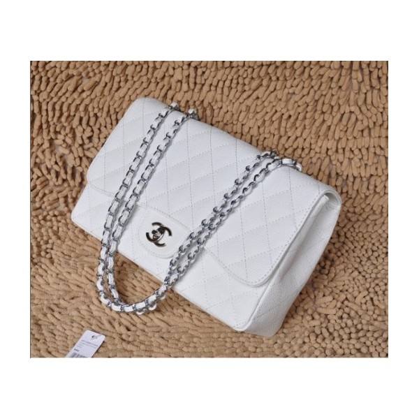 Chanel A28600 White Caviar Leather Borse Jumbo Flap Con Silver H