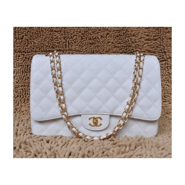 Chanel A47600 Flap Borse Classic Leather Grain Bianco Con Oro Hw