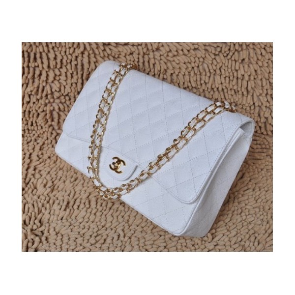 Chanel A47600 Flap Borse Classic Leather Grain Bianco Con Oro Hw