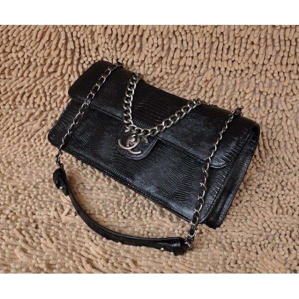 Chanel 2012 Black Lizard Veins Leather Flap Borse