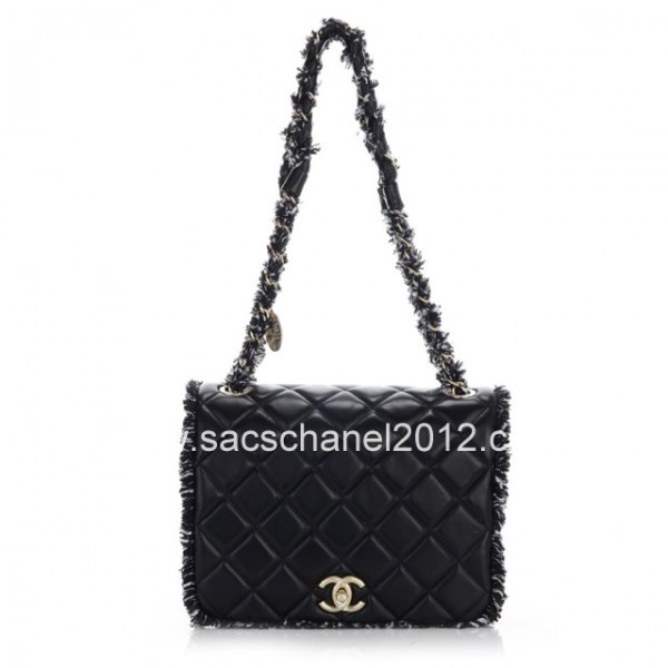 Chanel 2012 Borse Nero Con Fili Di Cuoio Flap Tweed