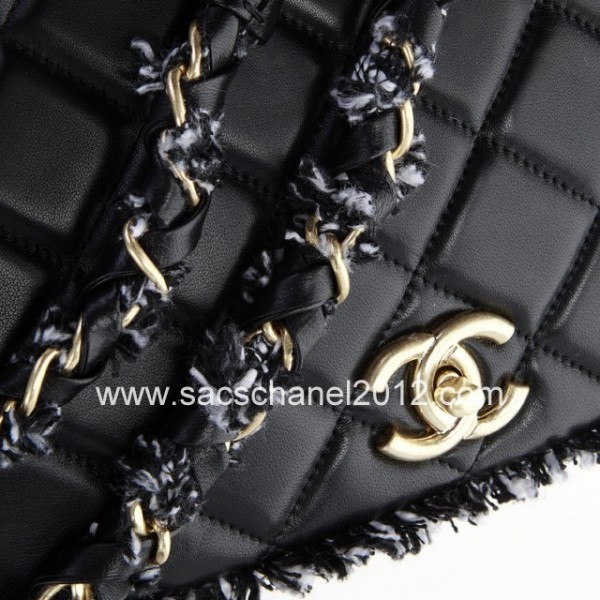 Chanel 2012 Borse Nero Con Fili Di Cuoio Flap Tweed