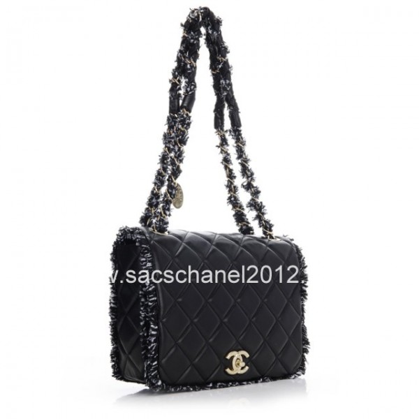 Chanel 2012 Borse Nero Con Fili Di Cuoio Flap Tweed