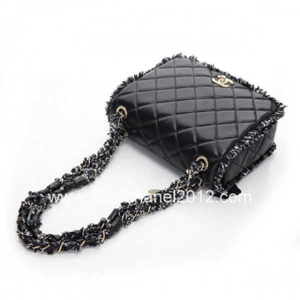 Chanel 2012 Borse Nero Con Fili Di Cuoio Flap Tweed