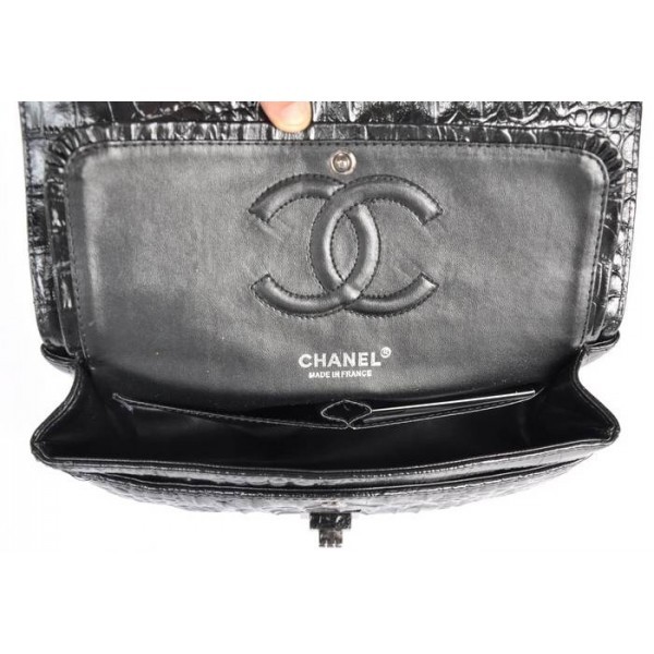 Chanel A01112 Black Croc Veins Flap Bag In Pelle Con Gun Color H