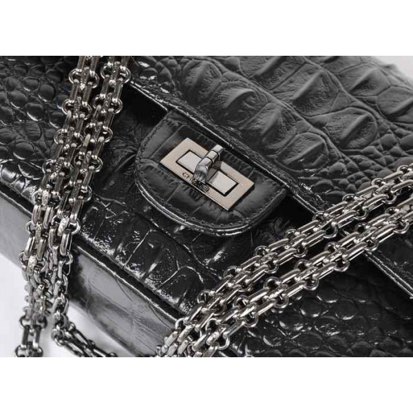 Chanel A01112 Black Croc Veins Flap Bag In Pelle Con Gun Color H