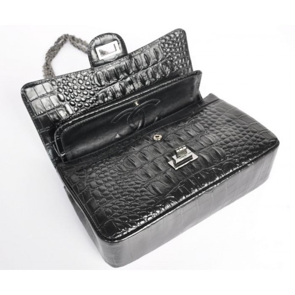 Chanel A01112 Black Croc Veins Flap Bag In Pelle Con Gun Color H