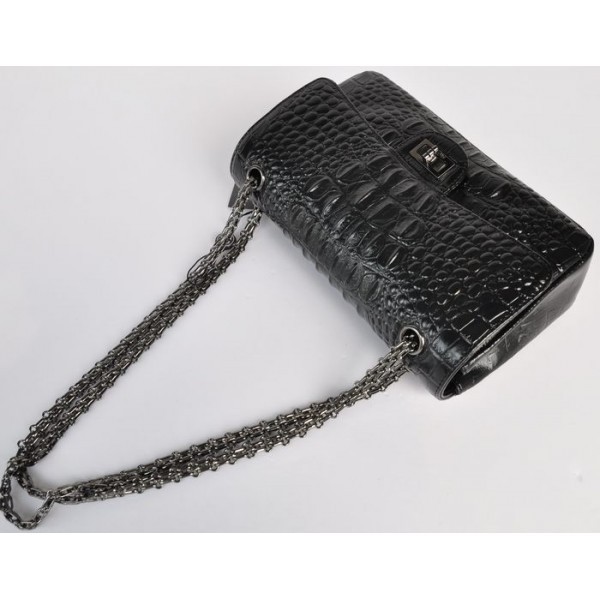 Chanel A01112 Black Croc Veins Flap Bag In Pelle Con Gun Color H