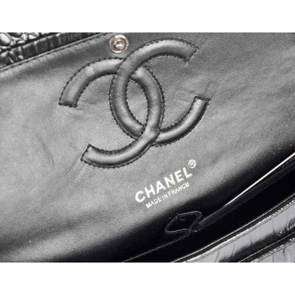 Chanel A01112 Black Croc Veins Flap Bag In Pelle Con Gun Color H