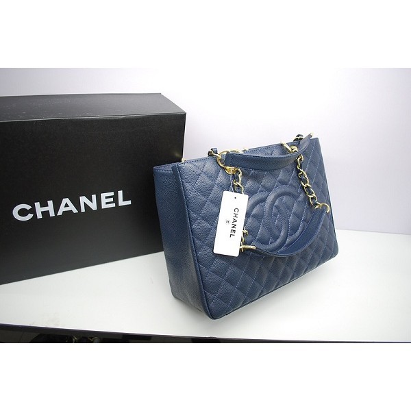 Chanel A50995 Dark Blue Caviar Leather Shopping Bags Gst