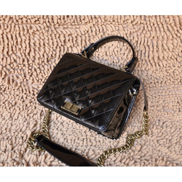 Chanel A66816 Black Leather Bag Patent Con Aletta