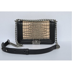 Chanel A67064 Flap Boy Borse Croc Veins Leather Albicocca & Nero