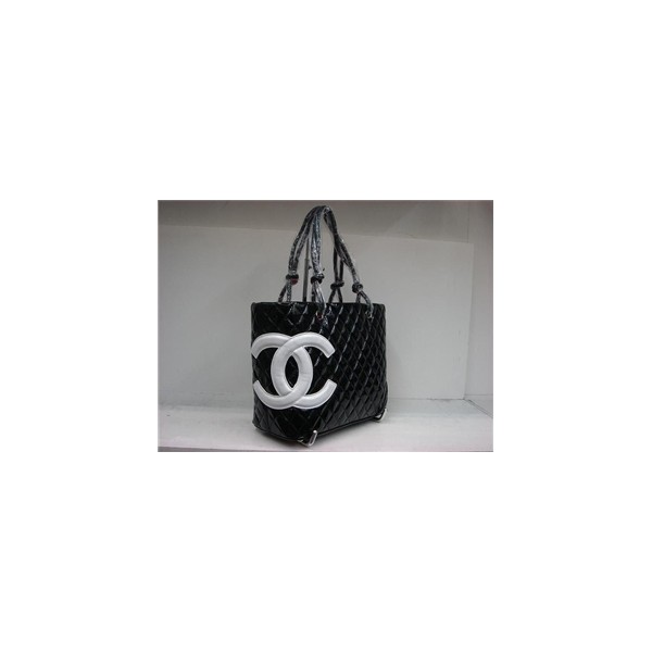 Chanel Cambon Borse In Pelle In Vernice Nera Con Bianco Logo Dop