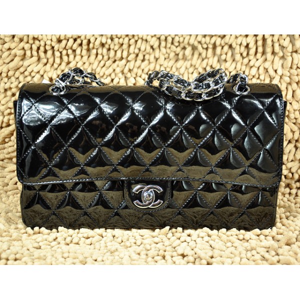 A01113 Chanel Classic Flap Borse In Pelle Nera In Vernice Con Ec