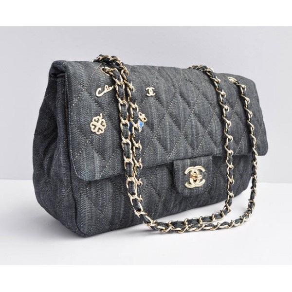 Borse Chanel Flap Denim Grigio Classic Con Hardware Oro