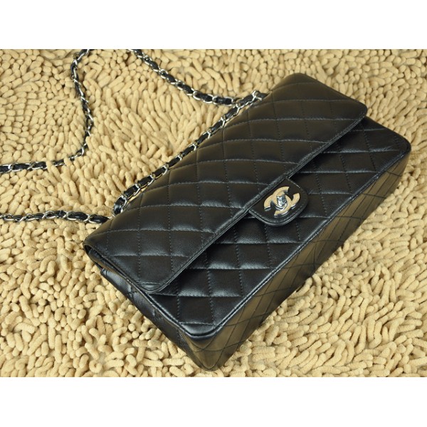 Chanel A01113 Nero Flap Borse Agnello Con Hardware Argento