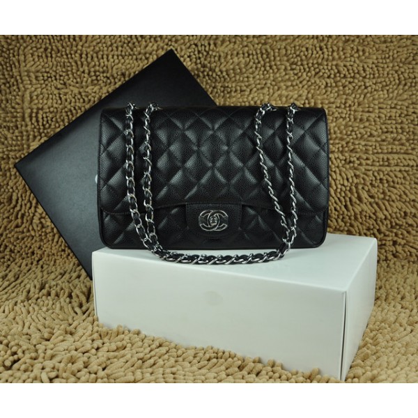 Chanel In Pelle Fiore Nera A28600 Jumbo Flap Borse Con Silver Hw