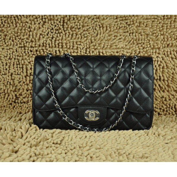 Chanel In Pelle Fiore Nera A28600 Jumbo Flap Borse Con Silver Hw