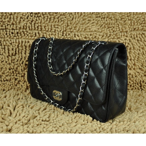 Chanel In Pelle Fiore Nera A28600 Jumbo Flap Borse Con Silver Hw