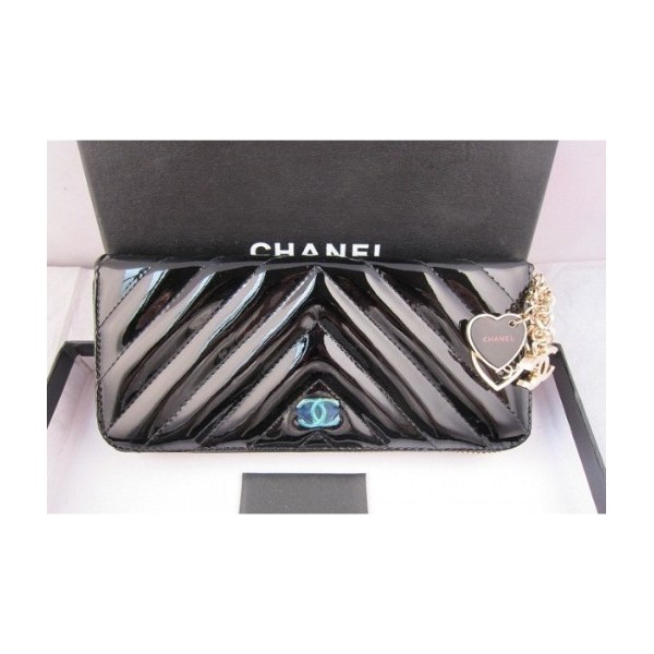 Chanel 2011 Postal Muir Noir Brevetti Autour Portefeuilles Chevr