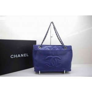 Chanel 2010 Caviar Bag In Pelle Blu Con Chanel Firma