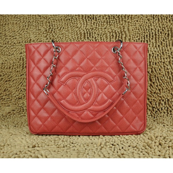 Chanel A20995 Red Caviar Leather Tote Shopping Gst Con Argento H