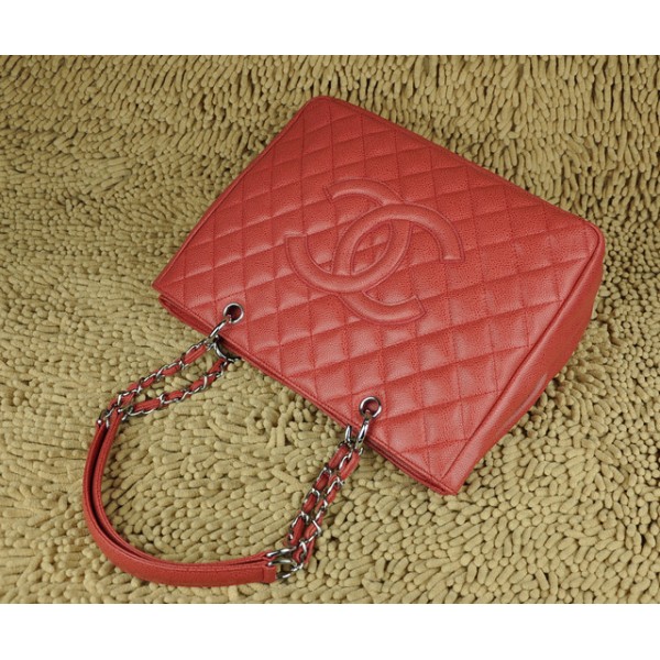 Chanel A20995 Red Caviar Leather Tote Shopping Gst Con Argento H