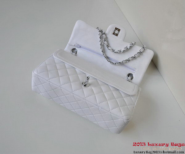 Chanel A01112 Classic Flap Bag White Sheepskin Silver