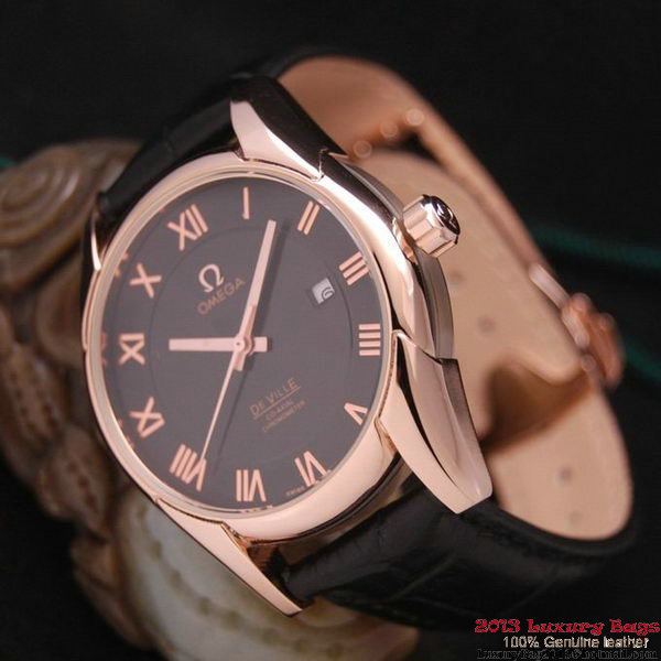 OMEGA DE VILLE Co-AXIAL CHRONOMETER Red Gold on Black Leather Strap OM77024