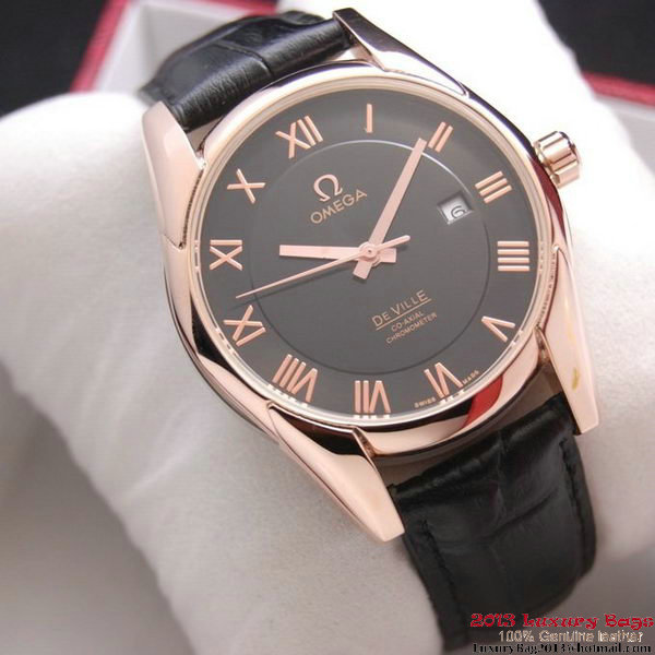 OMEGA DE VILLE Co-AXIAL CHRONOMETER Red Gold on Black Leather Strap OM77024