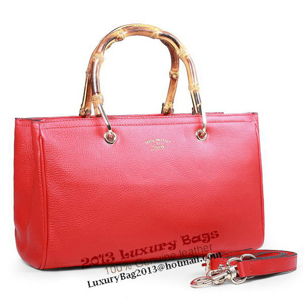 Gucci 323660 Red Bamboo Shopper Calf Leather Tote Bag