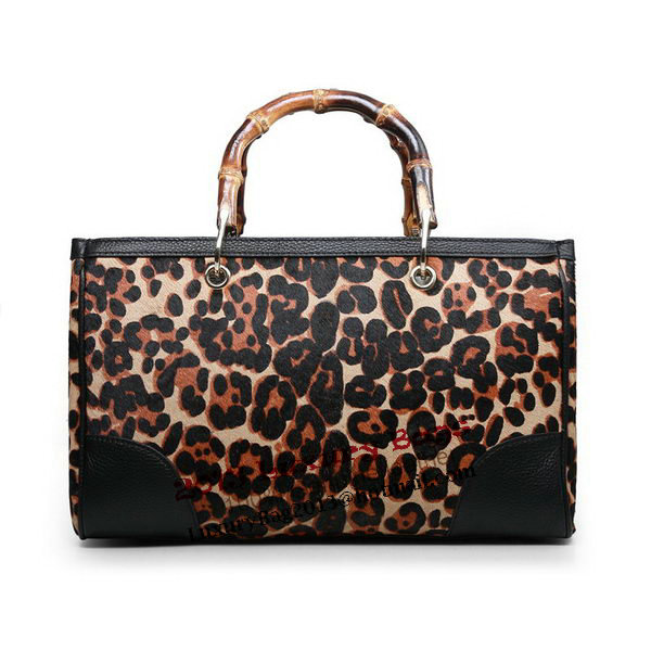 Gucci 323660 Leopard Bamboo Shopper Calf Leather Tote Bag