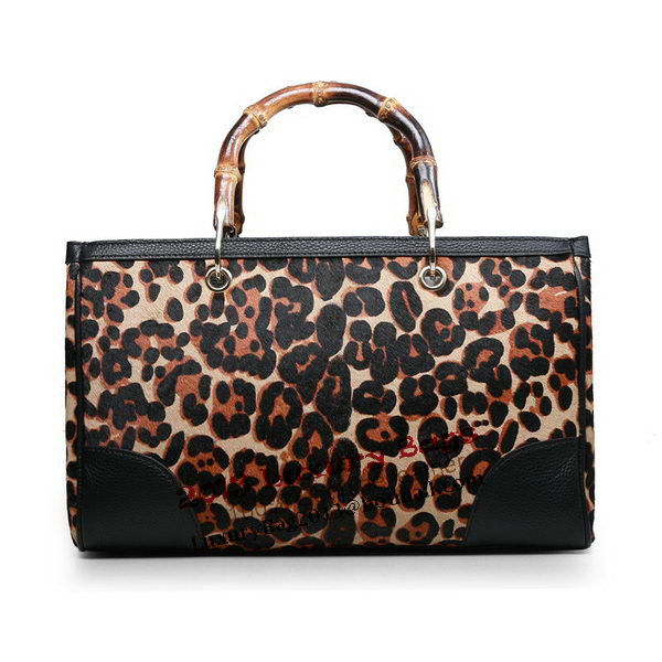 Gucci 323660 Leopard Bamboo Shopper Calf Leather Tote Bag