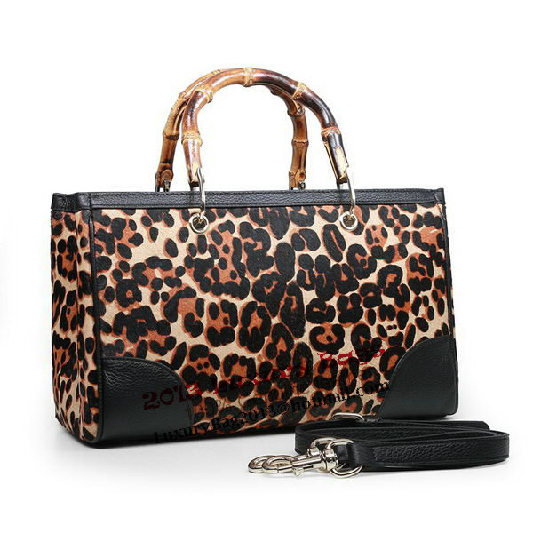 Gucci 323660 Leopard Bamboo Shopper Calf Leather Tote Bag