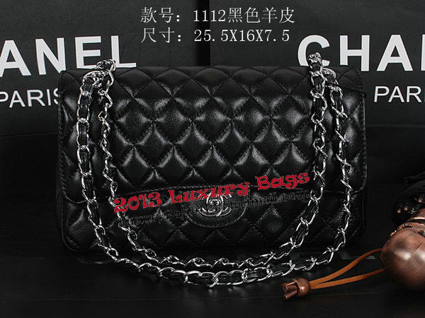 Chanel 2.55 Series Classic Flap Bag 1112 Black Sheepskin Silver