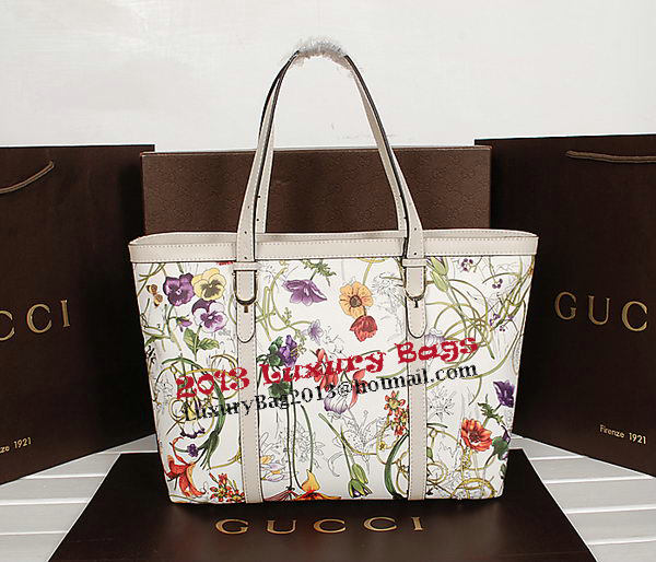 Gucci Top Handle Shiny Flora Leather Bag 309613 OffWhite