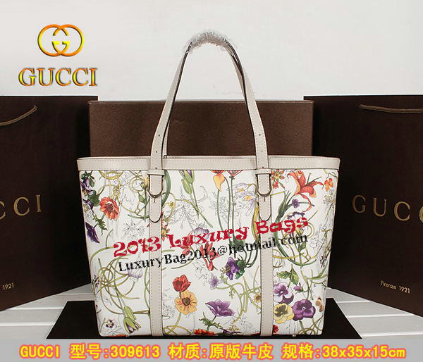 Gucci Top Handle Shiny Flora Leather Bag 309613 OffWhite
