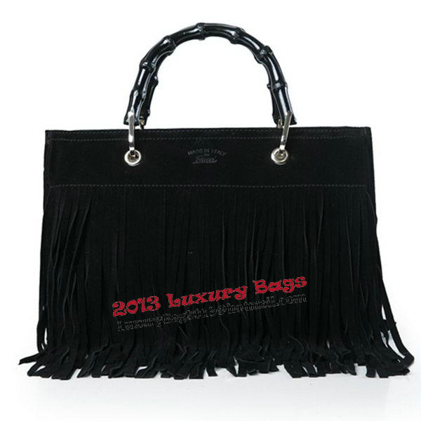 Gucci Bamboo Fringe Shopper Suede Tote Bag 349198 Black