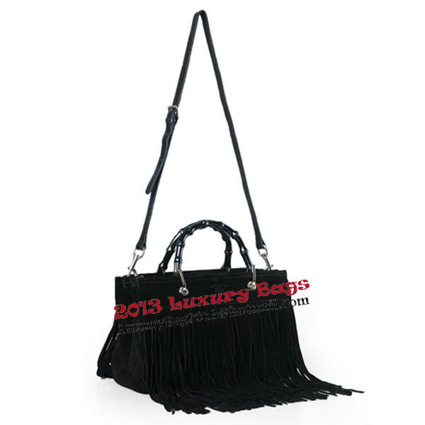 Gucci Bamboo Fringe Shopper Suede Tote Bag 349198 Black