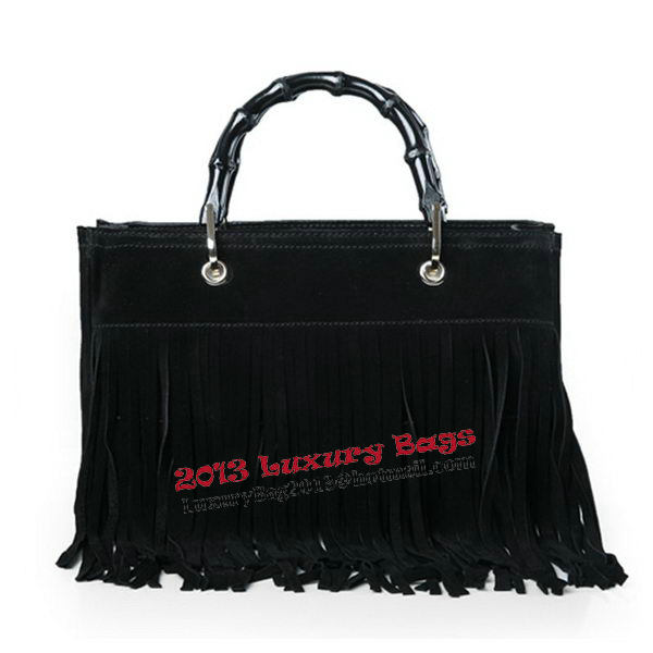 Gucci Bamboo Fringe Shopper Suede Tote Bag 349198 Black