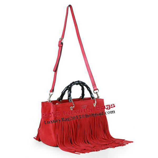 Gucci Bamboo Fringe Shopper Suede Tote Bag 349198 Red