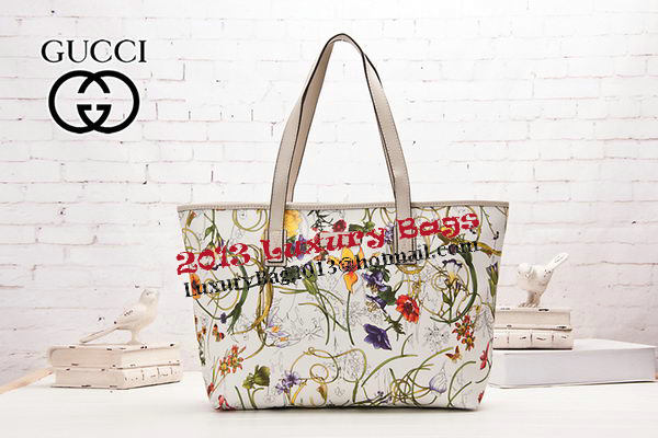 Gucci 211137 White Diaper Flora Leather Tote Bag