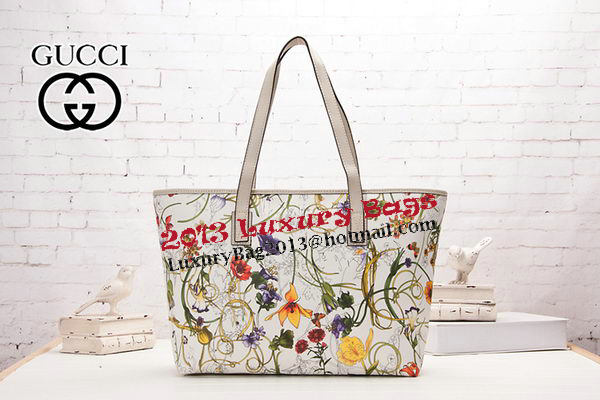 Gucci 211137 White Diaper Flora Leather Tote Bag