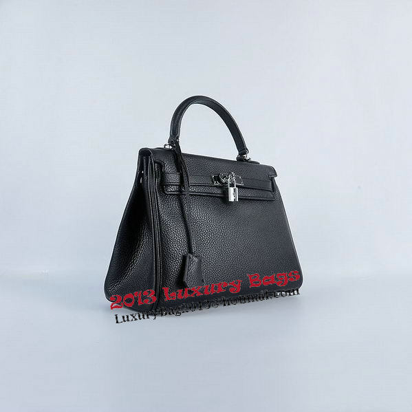 Hermes Kelly 28cm Shoulder Bags Black Grainy Leather Silver