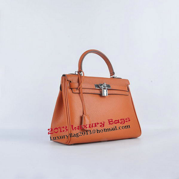 Hermes Kelly 28cm Shoulder Bags Orange Grainy Leather Silver