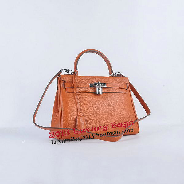 Hermes Kelly 28cm Shoulder Bags Orange Grainy Leather Silver