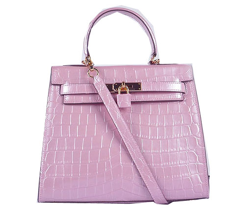 Hermes Kelly 28cm Shoulder Bags Pink Croco Patent Leather Gold