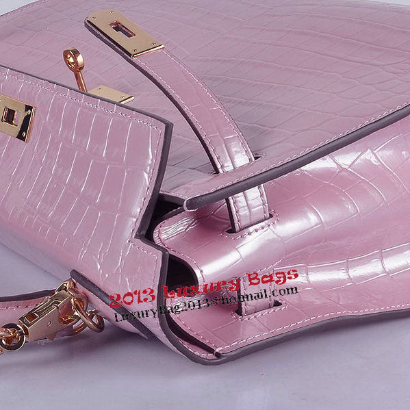 Hermes Kelly 28cm Shoulder Bags Pink Croco Patent Leather Gold